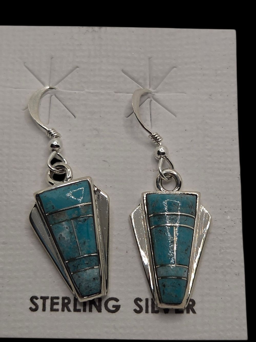 Southwest Sterling Silver Blue Turquoise Geometric Inlay Dangles